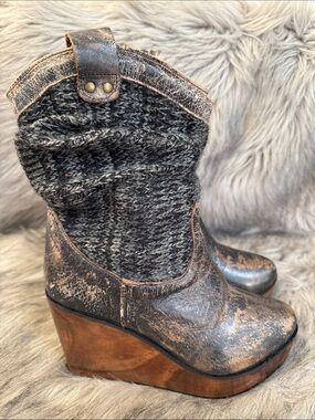 BED|STU Knit-Top Wedge Booties in Distressed Brown and Gray Size 6